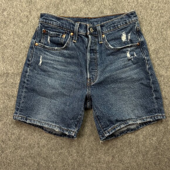 Levi's 501 Mid Thigh Shorts Women's Size 26 Big E Button Fly Distressed Denim - Picture 1 of 12